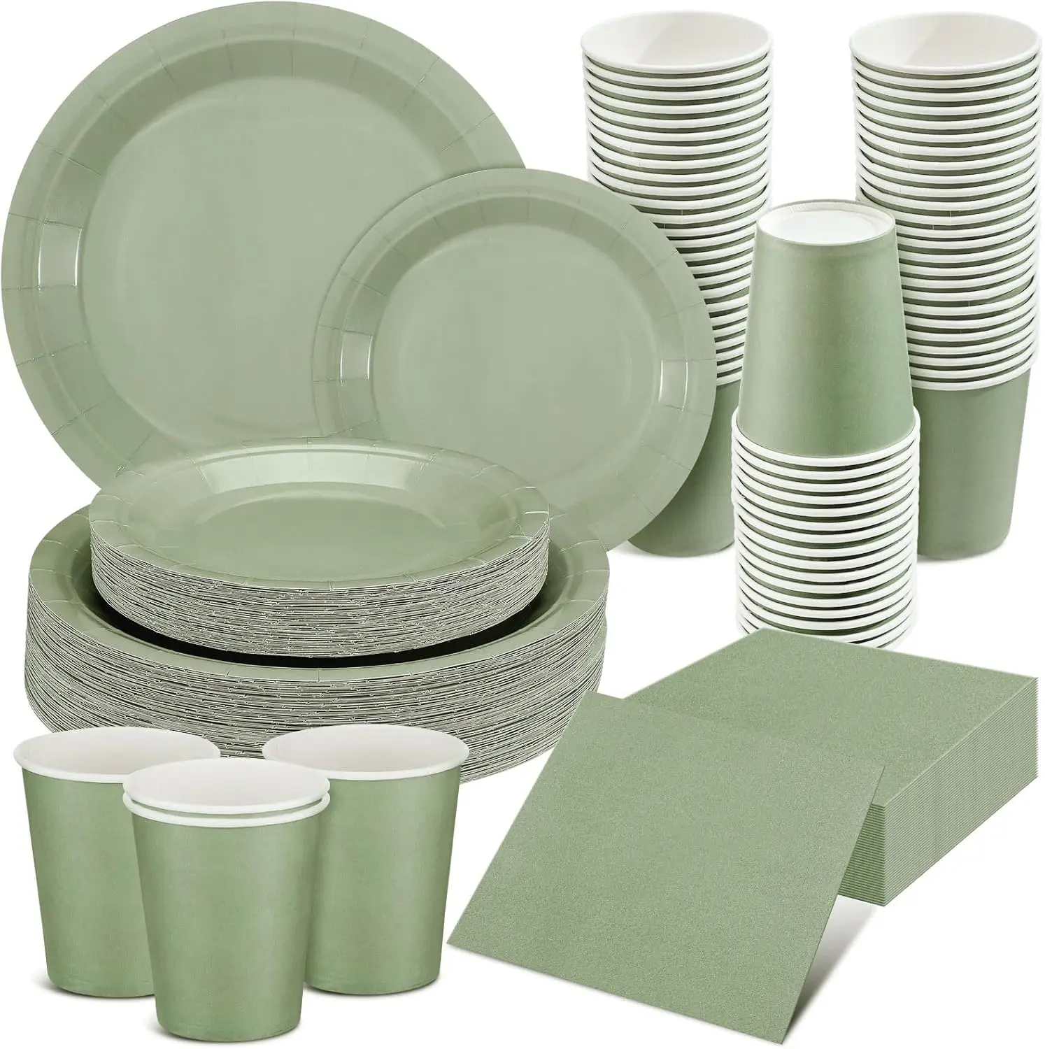

200 Pcs Sage Green Paper Plates and Napkins Set, Disposable Dinnerware Includes 7'' & 9'' Paper Plates, Cups, Napkins fo