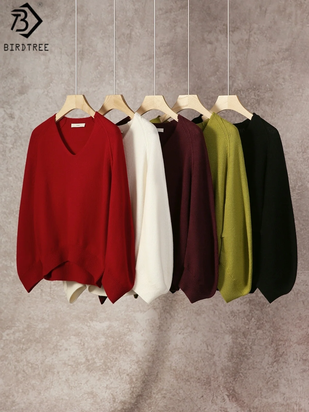 

Birdtree 90% Sheep Wool 10% Cashmere Knit Sweater,Woman Italian Craftsmanship Full Sleeve V-neck Loose Autumn Sweater T58914JF