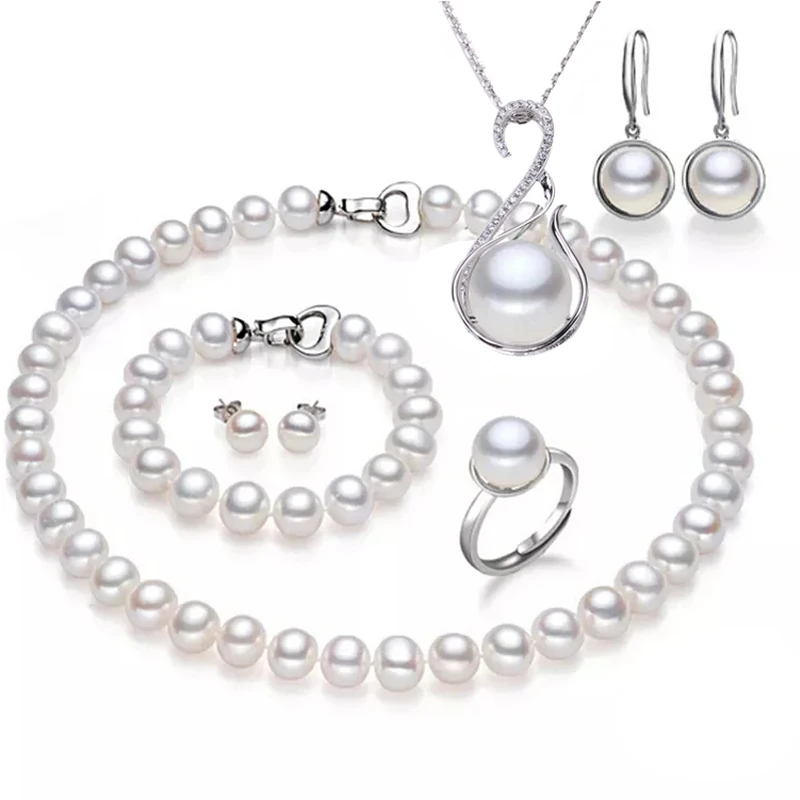 [MeiBaPJ] 925 sterling silver 6 items sets 100% real natural pearl jewelry set for women top quality white color gift box