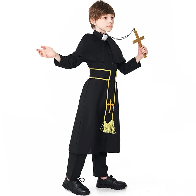 Halloween Costumes for Boys Kids Child Priest Costume Pastor Clergyman Robe Cosplay Clothing Cloak Belt Cross