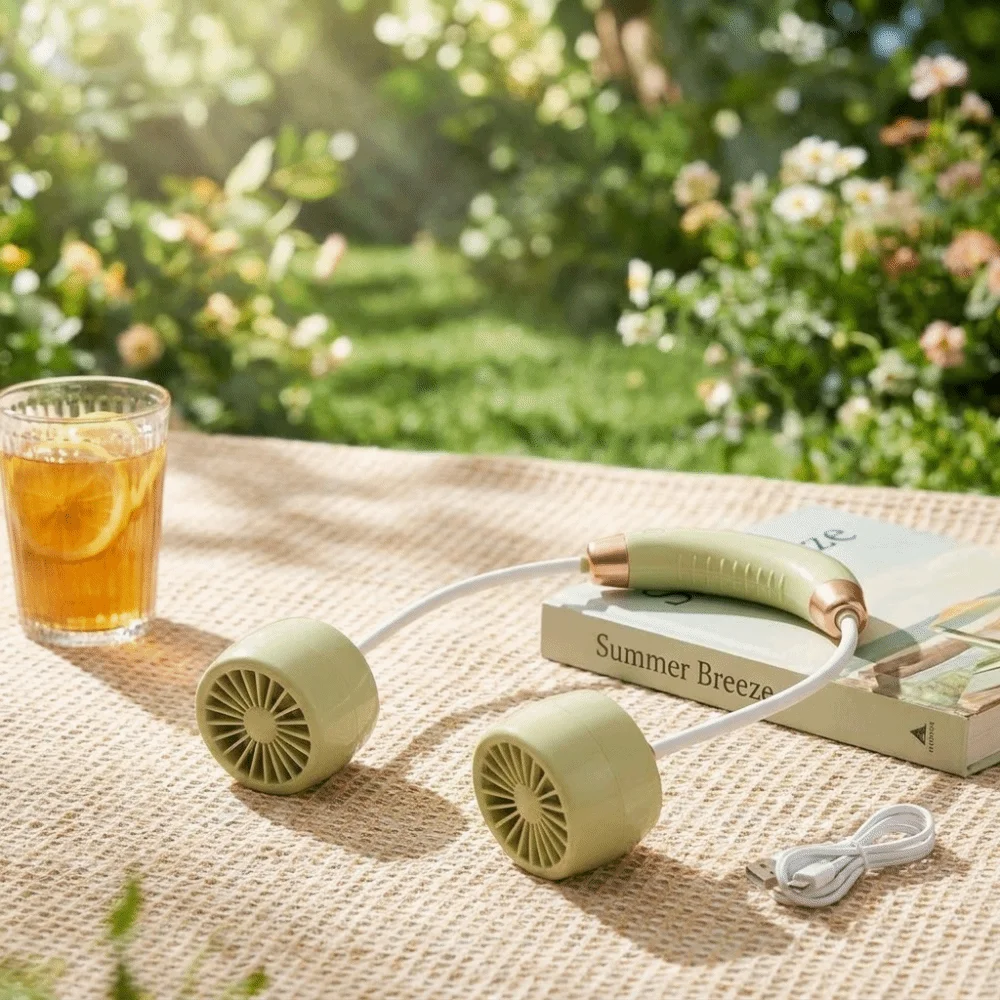 Cream Tone Wearable Neck Fan Turbine Air Outlets Foldable Structure Foldable Neck Fan Cool Wind Soft Wind Neck Fan