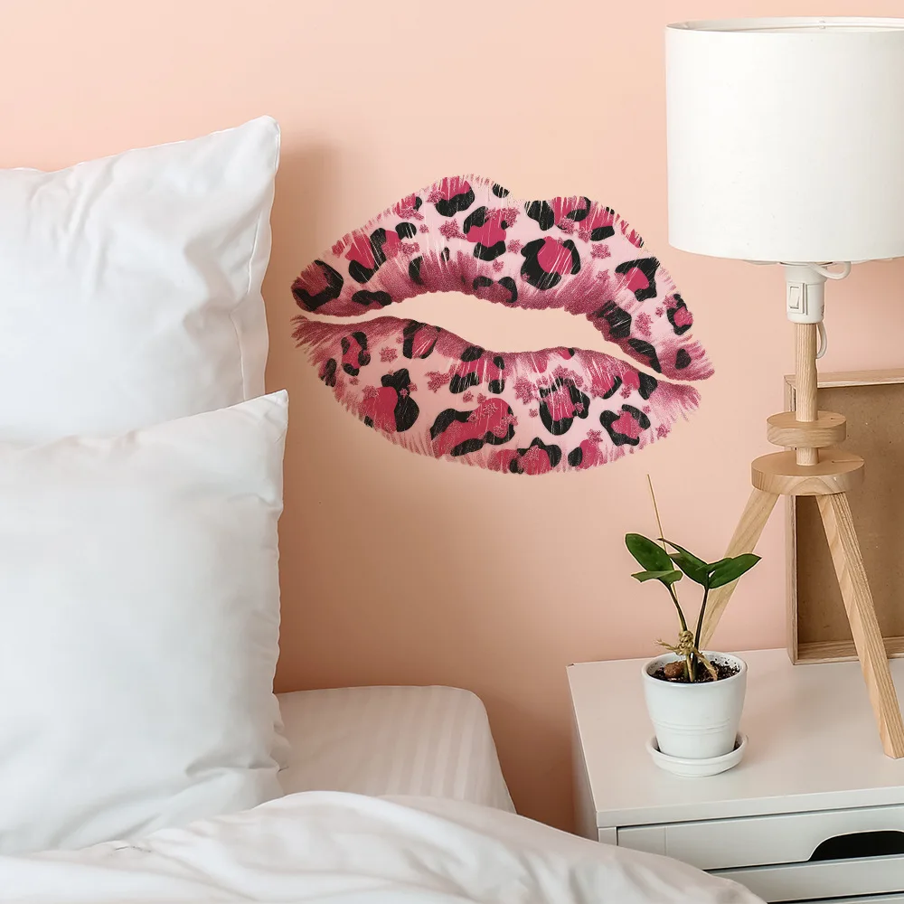Pink Leopard Print Lips Wall Decal, Removable Kiss Shape Sticker, Peel and Stick Vinyl Decor for Bedroom Vanity Makeup Room