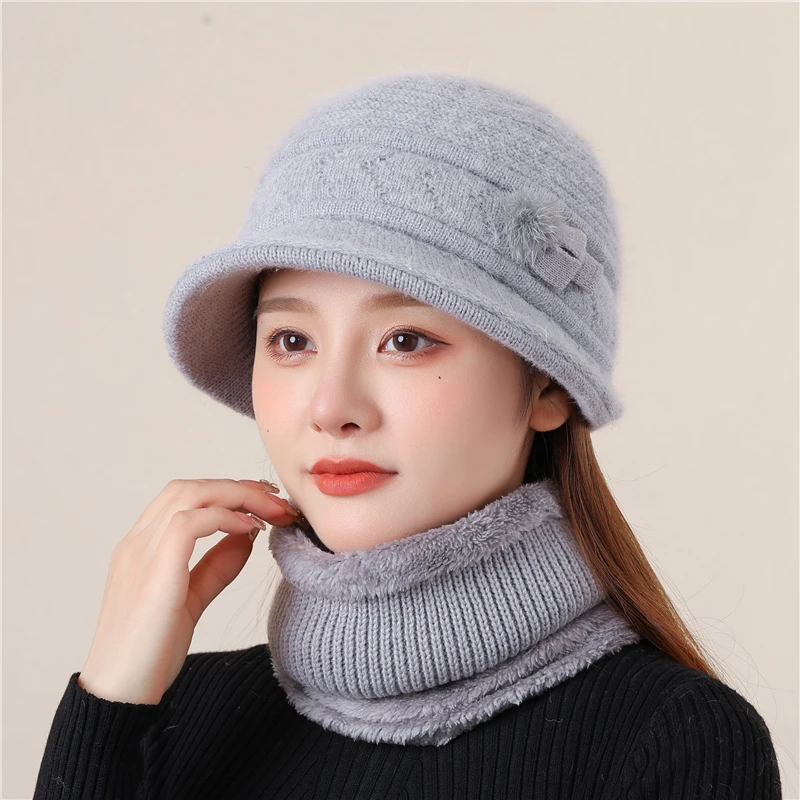 High-grade Rabbit Hair Wool Hat Bib Set Women\'s Winter Old Winter Warm Basin Hat Plus Cashmere Mother Fisherman Hat Women\'s Hat