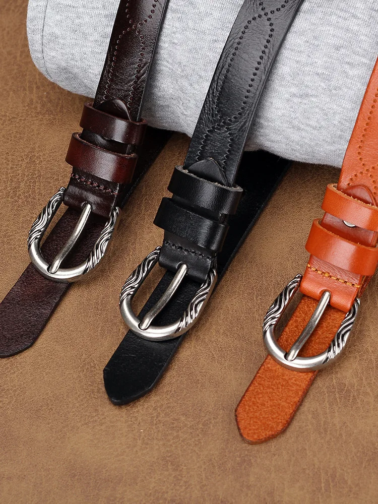 Versatile top layer cowhide, new vintage pin buckle, fashionable jeans, belt embellished belt