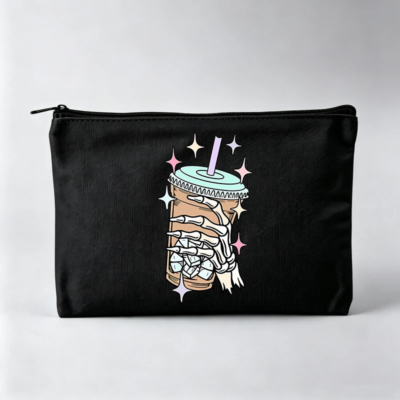 Skeleton Hand with Iced Drink Graphic Makeup Bag, Gothic Style Cosmetic Pouch for Daily Use