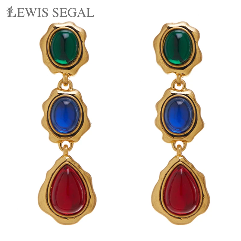 LEWIS SEGAL Green Blue and Red Glazed Dangle Earring for Women Girl Luxury Medieval Style Vintage Fine Jewelry 18K Gold Plated