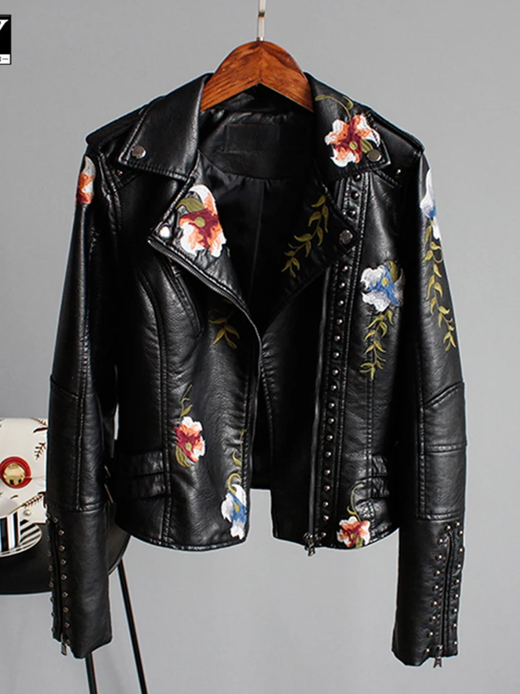 Floral Print Embroidered Faux Soft Leather Jacket Women\'s Pu Motorcycle Jacket Women\'s Black Punk Studded Jacket For Women