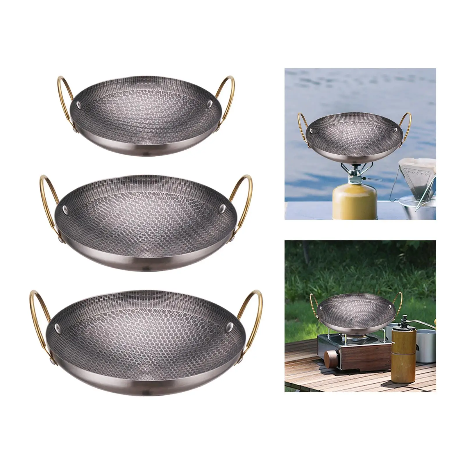 Honeycomb Textured Stainless Steel Wok Pot Cooking Pan Hotpot Shabu Binaural Pot Non-Stick Anti-Spill Household Two-Ear Dry Pot