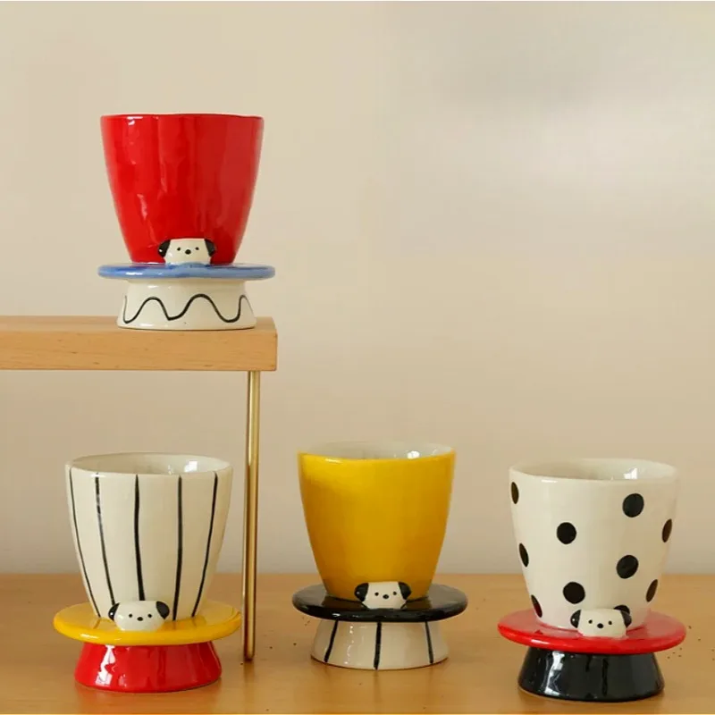 Cute cartoon dog ceramic toothbrush cup set, 230ml ceramic goblet.