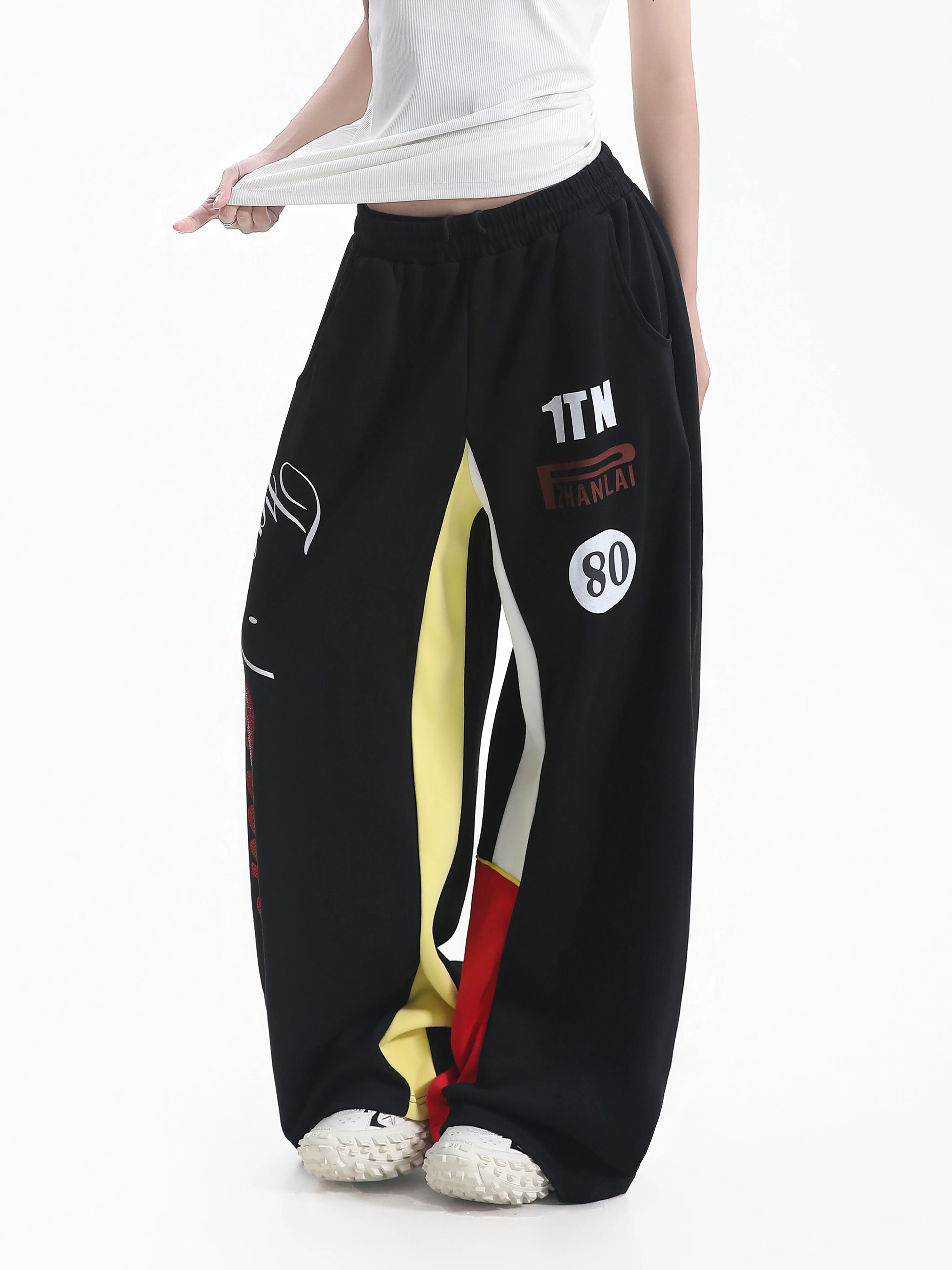 American Retro Racing Emblem Printed Wide Leg Pants Women's Elastic Waist Floor-Length Couples Sweatpants Casual Cotton