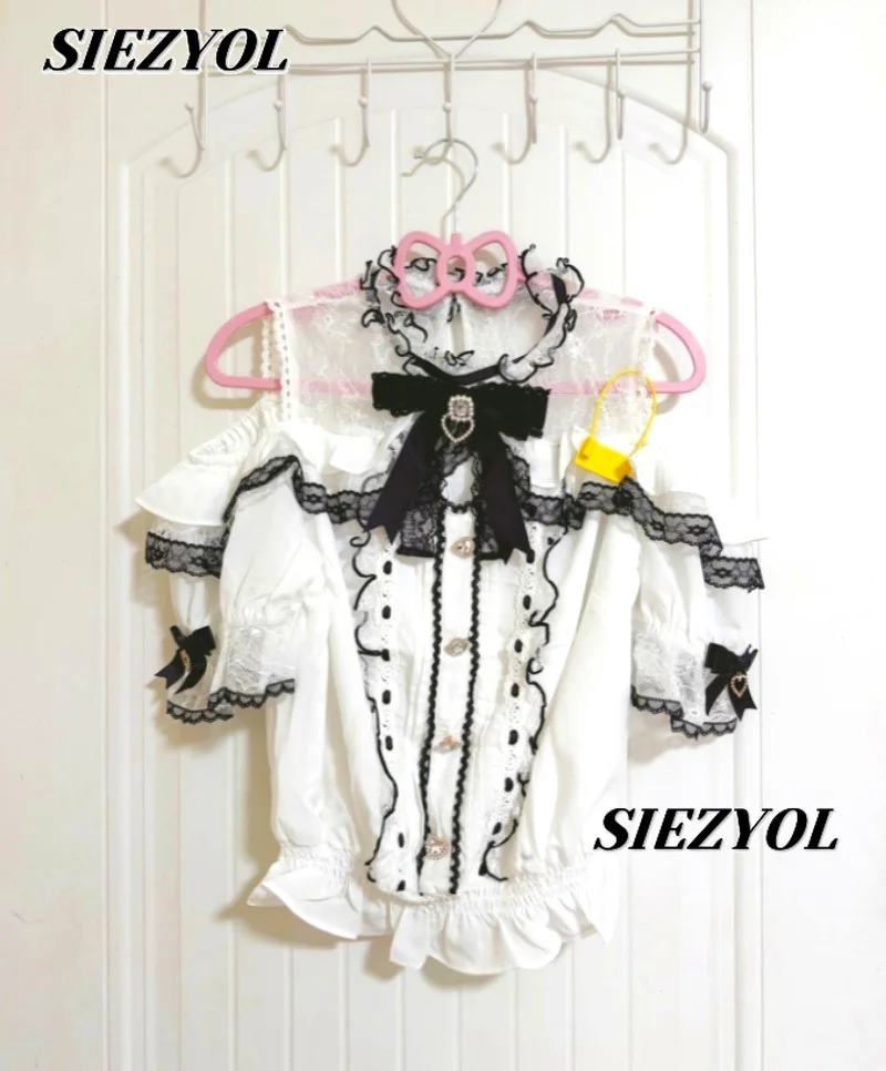 

Japanese Liz Blouse Women Girls Cute Lolita Chiffon Shirt Mine Sweet Bow Diamond Buckle Off-the-shoulder Long-sleeved Shirts Top