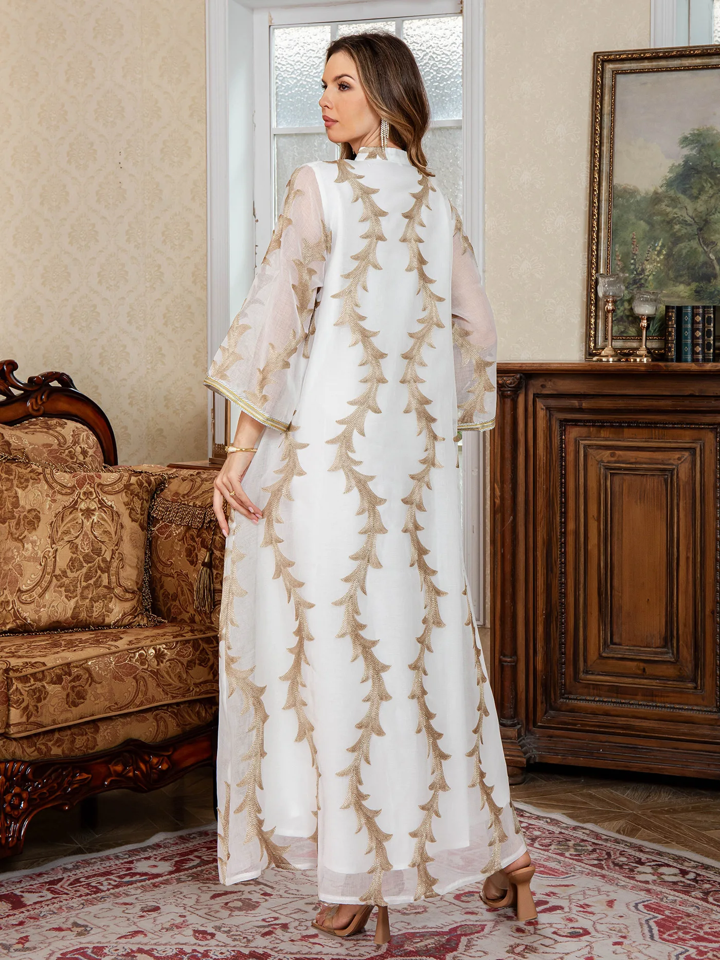 Summer New Heavy Industry Mesh Embroidered Robe Dubai Party Dress Middle Eastern Long Dress Muslim Women's Robe