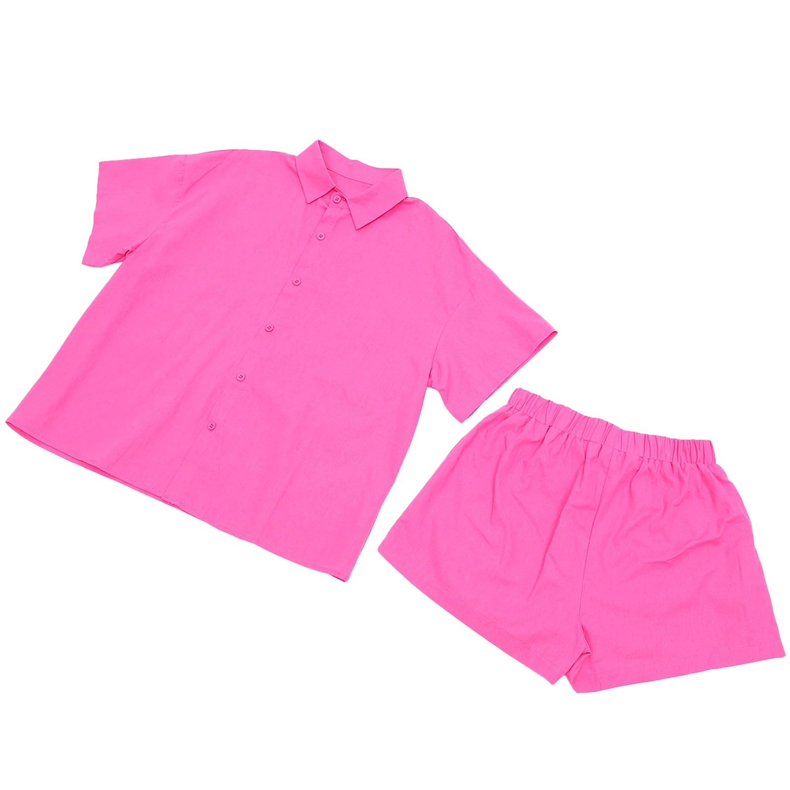 

Solid Color Shirt Shorts Suit Shirts Sleeve Single-breasted Women Fabric Casual