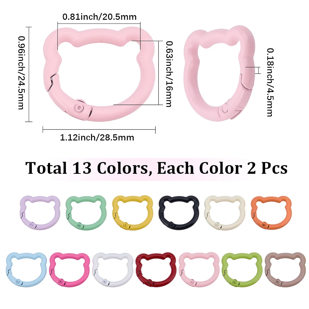 1 Box 26Pcs 13 Colors Spring Gate Clasp Spring Clasp Keychain Bear Shaped Cute Teddy Baking Paint Metal Snap Trigger Clip Hooks