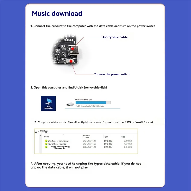 وحدة صوت قابلة للتسجيل مع تنزيل MP3 TYPE-C لصندوق الهدايا وبطاقة عيد الميلاد وعيد الميلاد وغطاء الموسيقى على الحائط BABGI