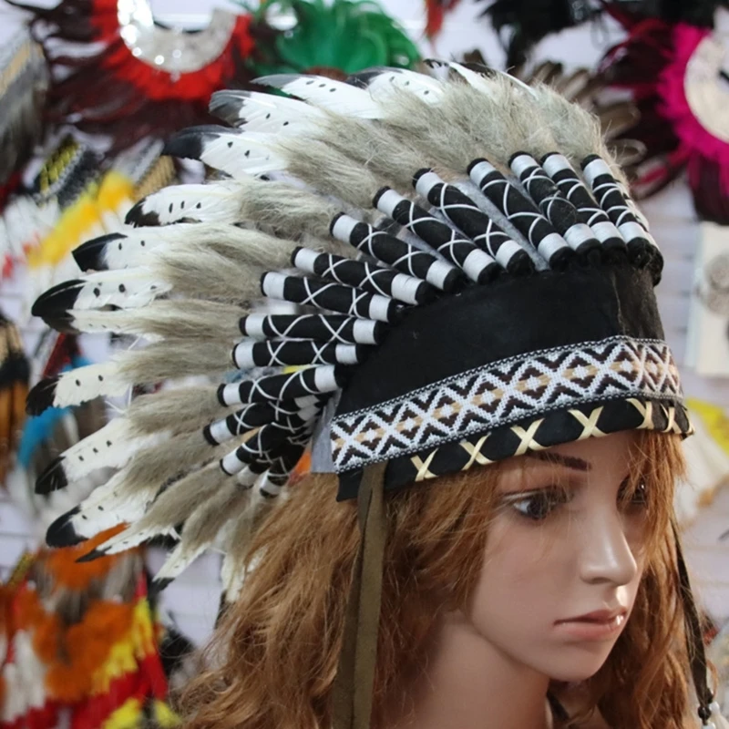 Feather Headdress Delicate Ethnic American Indian Headwear African Tribe Chief Stage Halloween Party Hairband
