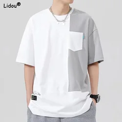 Men's Clothing Fashion Young Style Popularity Casual Straightsummer Pullovers Patchwork Asymmetrical Pockets Round Neck T-Shirts