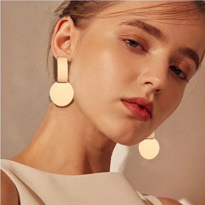 New Fashion Geometric Square Round Coin Disc Drop Earrings For Women Trend Punk Metal Long Smooth Ear Jewelry Brincos