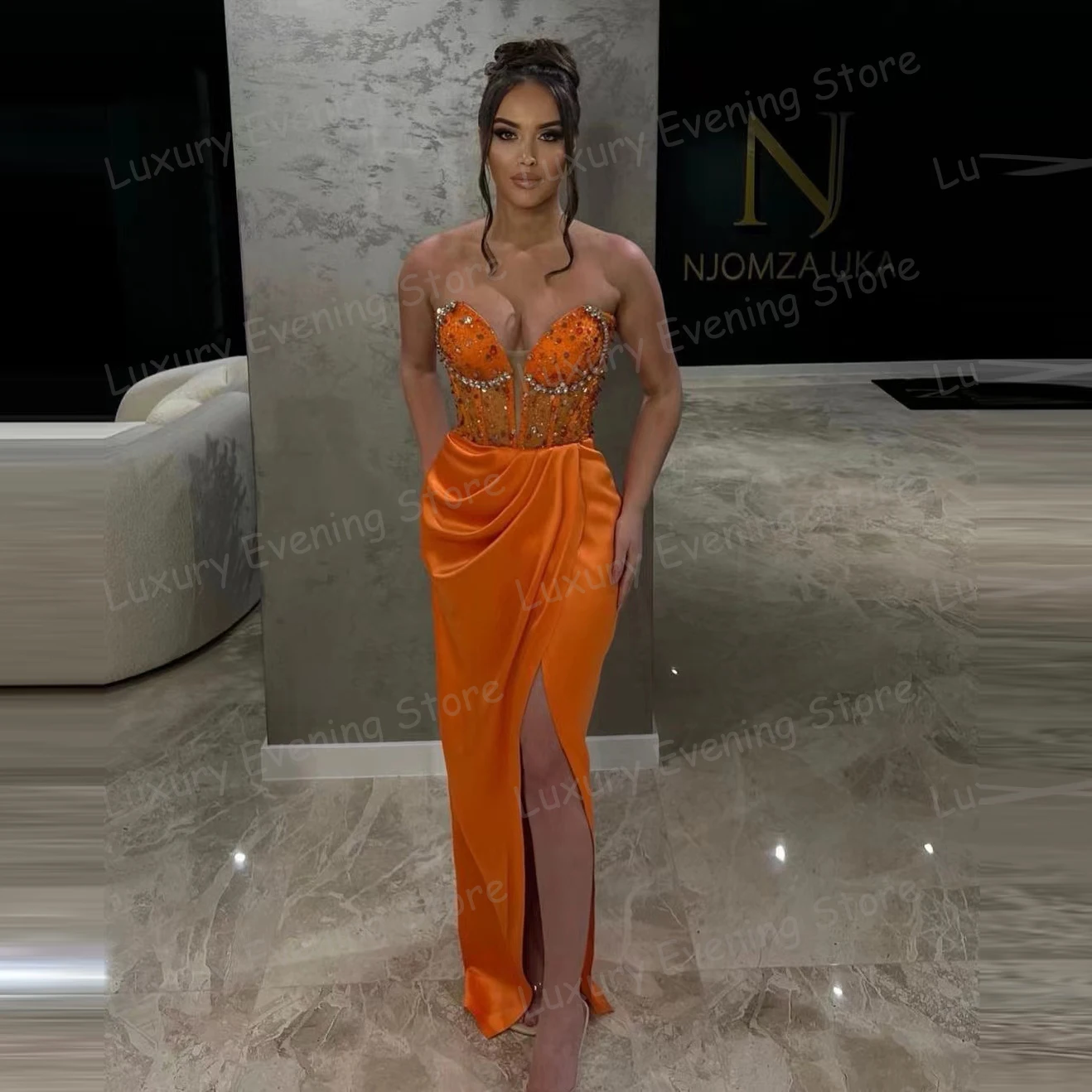 

Modern 2024 Orange Evening Dresses Sparkling Sleeveless Prom Gowns High Split Satin Beading Formal Party Robes Vestidos De Festa