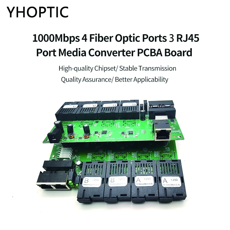 Gigabit Ethernet Switch, Fiber Port, SC Optic Fiber, PCBA Board, Simplex 20km, 4x1.25G, 3x100 m, 1000m, RJ45