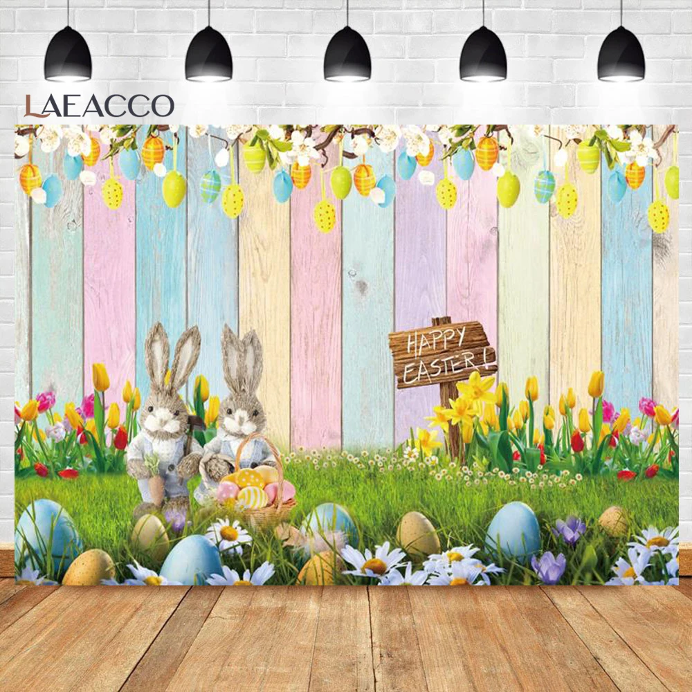 Spring Easter Photography Backdrop Rabbit Eggs Wooden Board Wall Flowers Meadow Background Baby Children Easter Party Banner