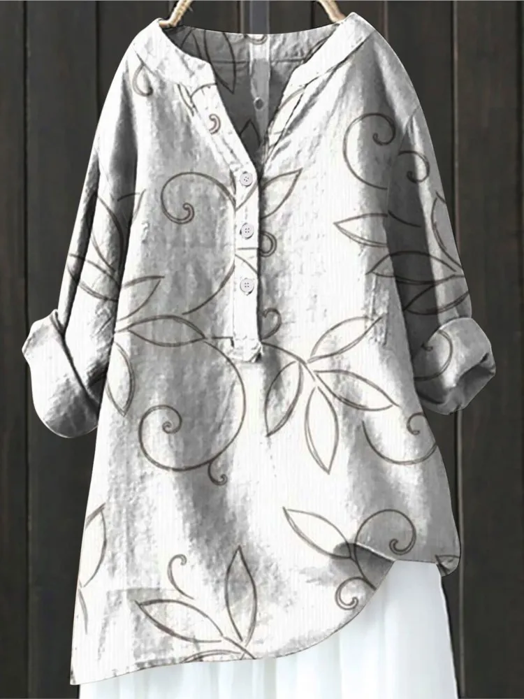 2024 Women\'s Autumn Winter New Fashion Printed Button Up Shirt Long Sleeved Bamboo Linen Casual Comfortable Top