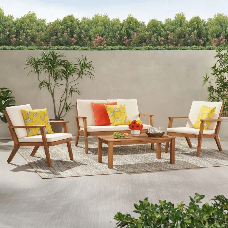 

Temecula Outdoor 4-местный набор для чата из дерева акации_LoveseatКофейный столик2 Клубные стулья Коричневая отделка патина + кремовая подушка