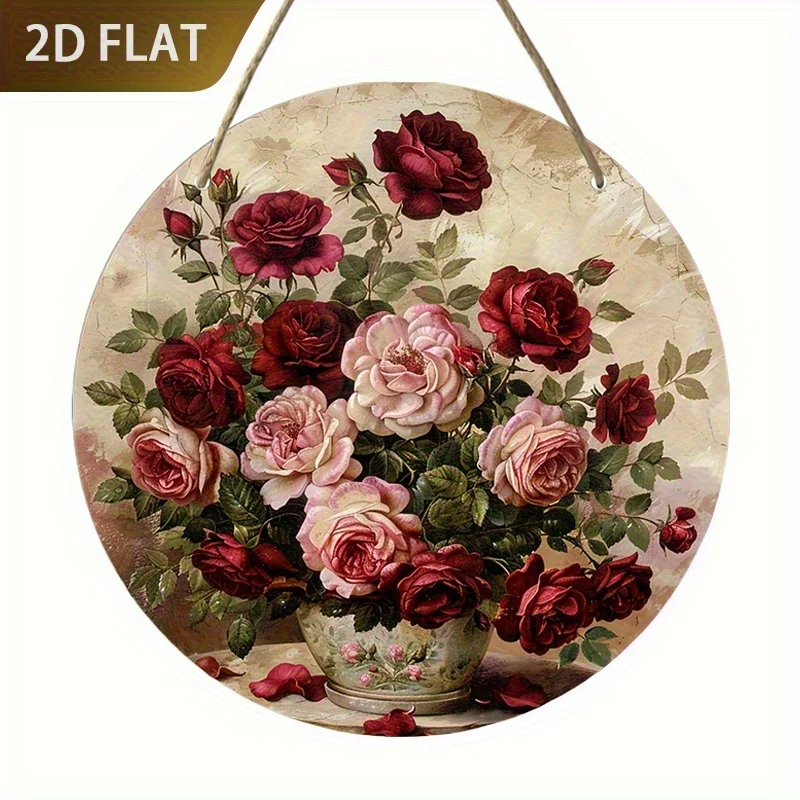 2D Flat, 1pc Vintage Floral Wooden Wall Art Sign - Rustic Red Roses & Greenery Design, Recycled Wood, Horizontal Wall-Mounted De