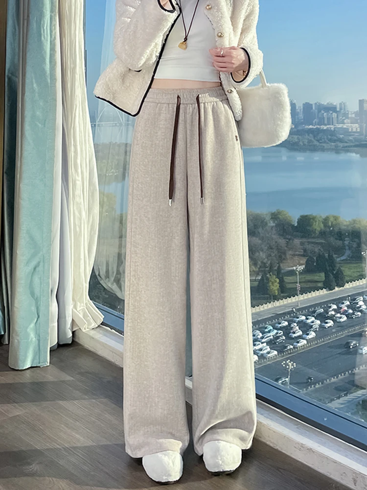 بنطلون نسائي شتوي دافئ ومريح بخصر عالٍ وساق واسعة مستقيمة مع بطانة داخلية، سروال كاجوال فضفاض