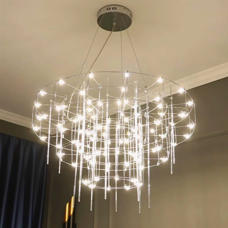 Stainless Steel LED Crystal Chandelier Chrome Pendant Light for Living Room Bedroom Indoor Home Decor Artistic Hanging Luminaire