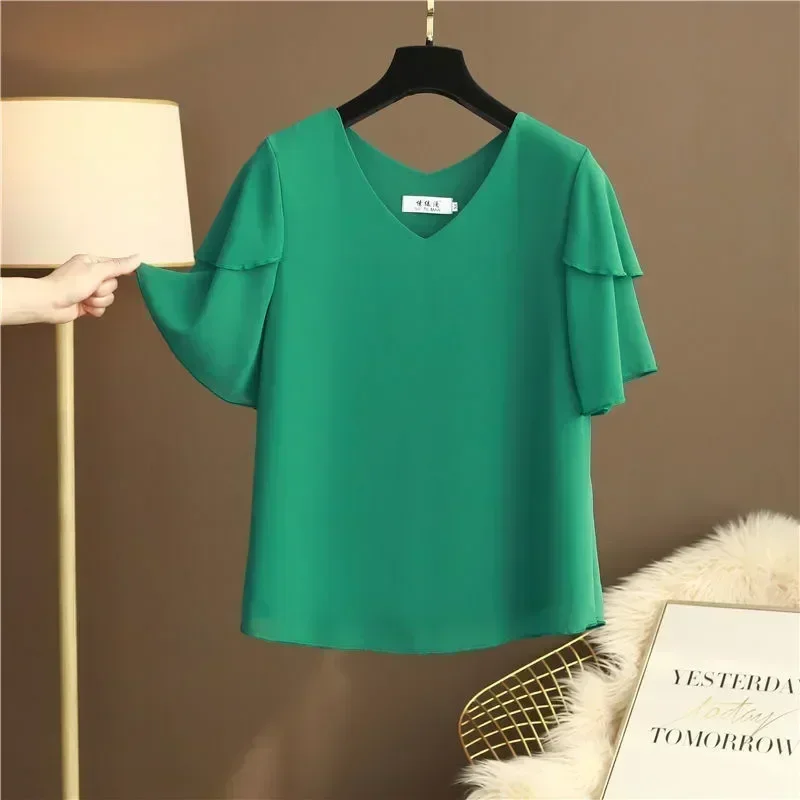 Nowa marka modowa damska bluzka letnia Plus Size rozkloszowany rękaw luźna z szyfonu koszula z krótkim rękawem w serek casualowe topy damskie