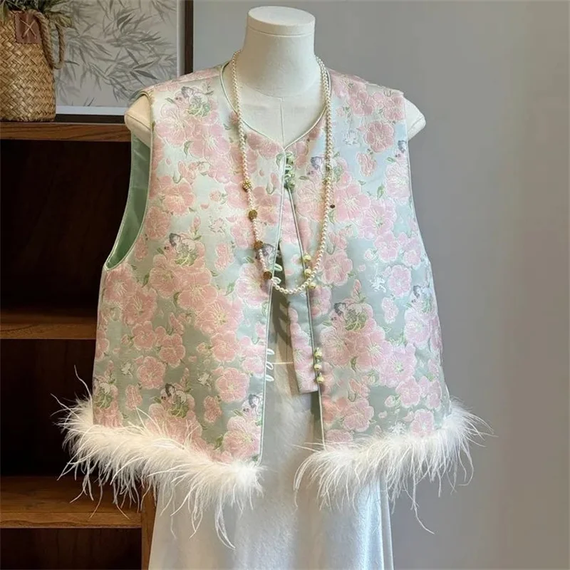 Women's Jackets Jacquard Weave High-end Fashion Cotton Ostrich fur Vest Autumn and Winter Pink Feeling Young National Wind Vest