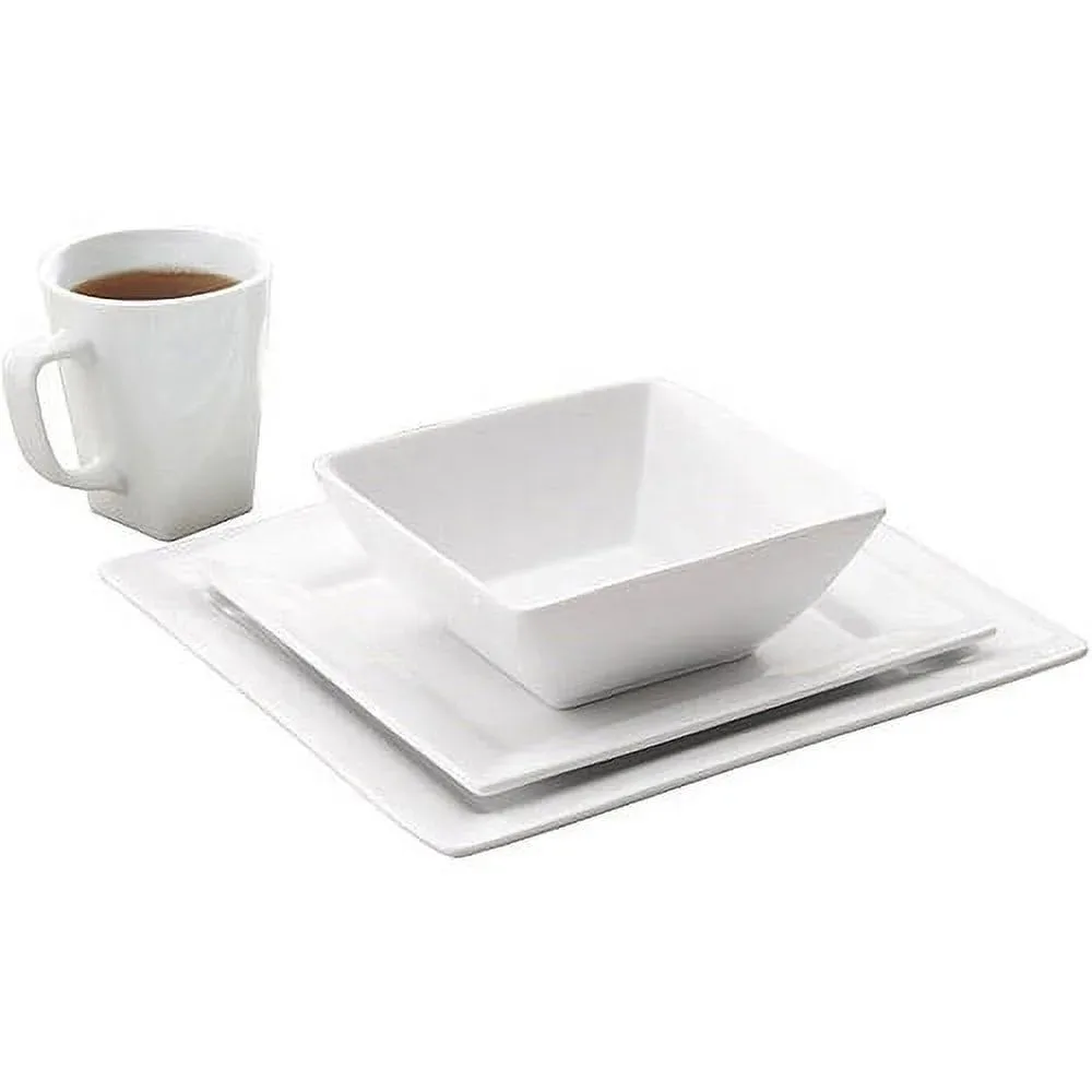 16 Piece Square Porcelain Dinnerware Set, Plates and Bowls Set, White