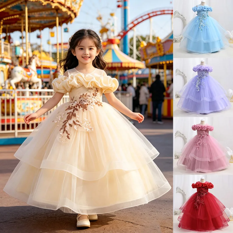 Children Girl Performance Princess Dress Elegant Embroidery Mesh Tulle Party Wedding Gown Spring Autumn Luxury Kids Casual Dress
