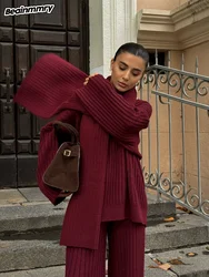 Chic Burgundy Scarf Collar Sweater Set Woman 2 Pieces Fashion Oversize Sweaters Wide Leg Pants 2024 New Ladies Street Outwears