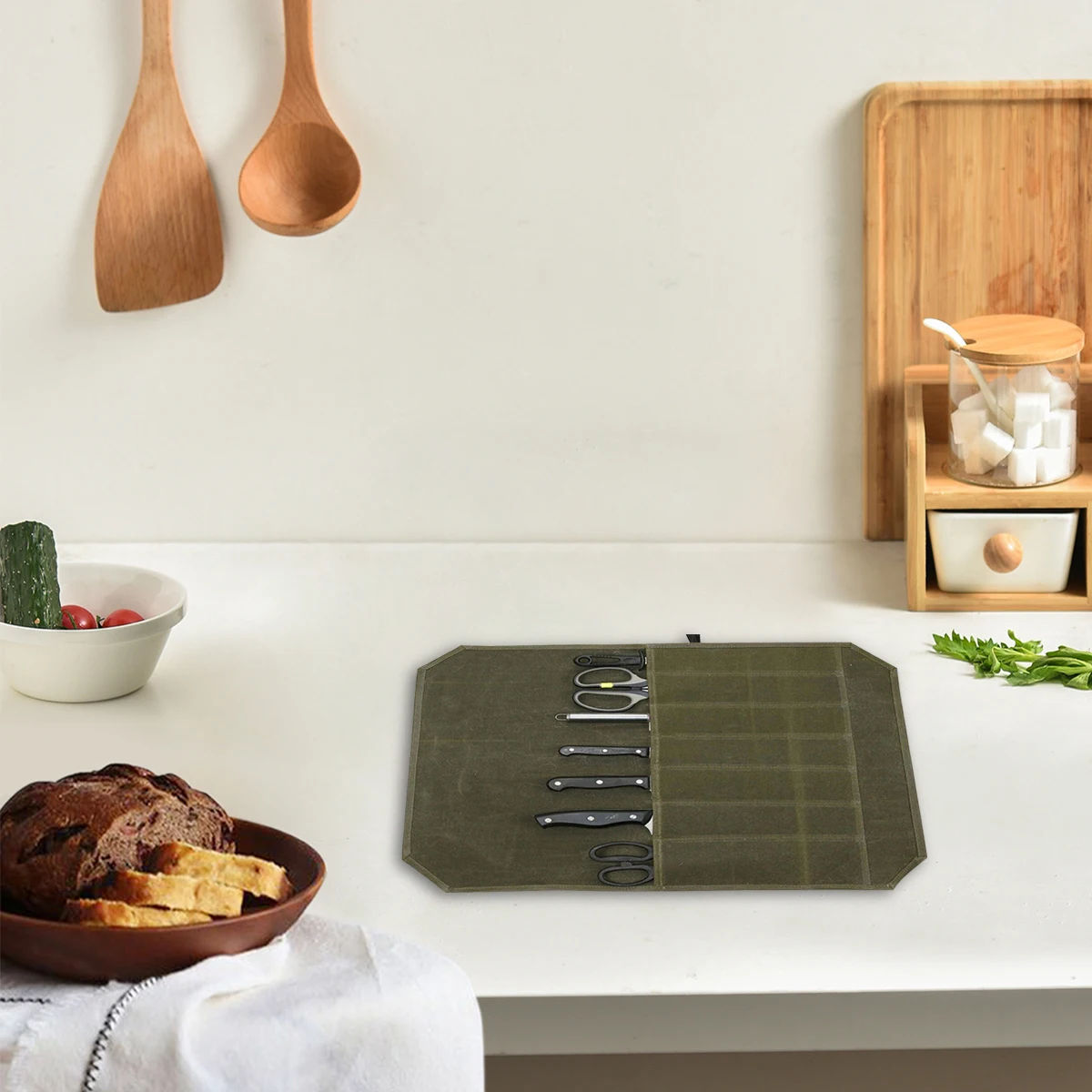 

1Pcs Brand-New Chef Knife Carry Bag Waxed Canvas Kitchen Roll Bag Portable Durable Waterproof for Camping Storage