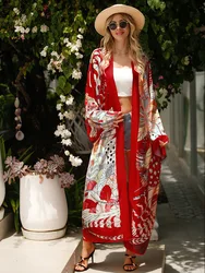 Kaftan 2023 europa ścieg letnia sukienka plażowa garnitury koktajl Sexy Boho wakacje rękaw w kształcie skrzydła nietoperza jedwabny szlafrok kardigan Kimono kobiet