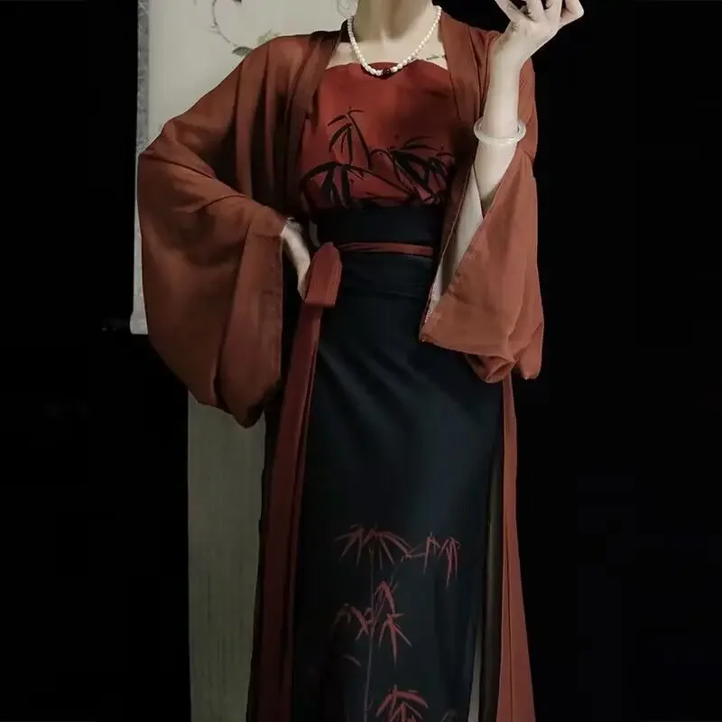 Robe Hanfu chinoise d'été pour femme, style moderne amélioré, manteau cardigan traditionnel en bambou imprimé, haut et jupe, ensembles de 3 pièces