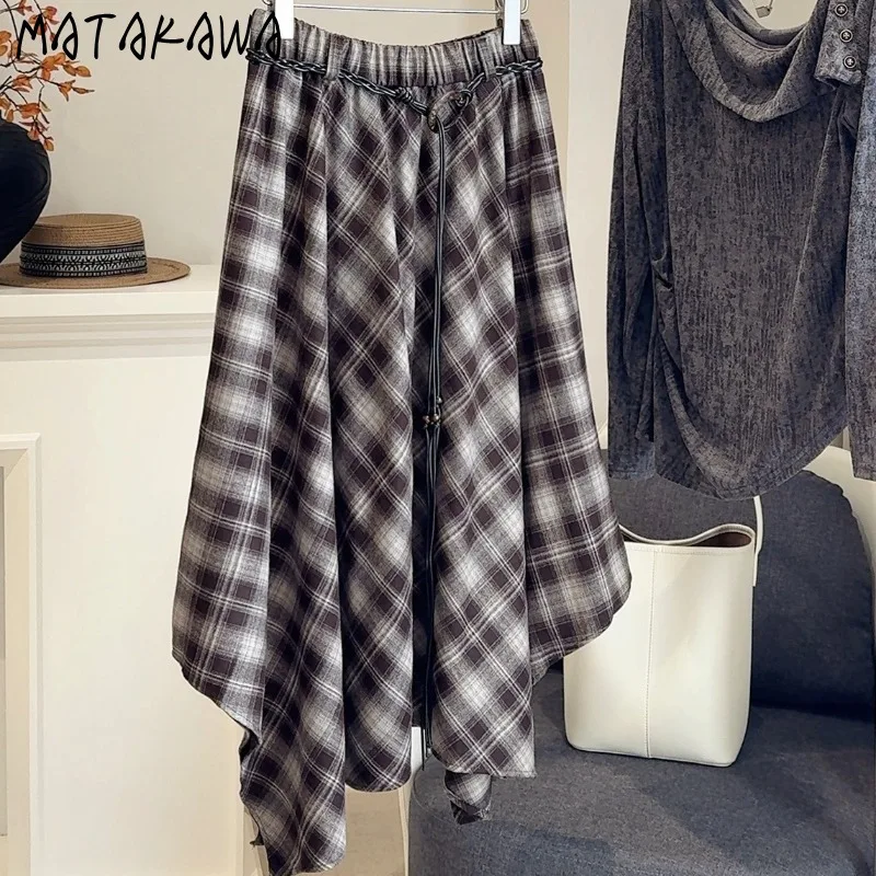 

Matakawa Irregular Plaid Skirts Woman Autumn Winter Elegant Vintage Korean Fashion Long Skirt Sweet High Waist Faldas Mujer