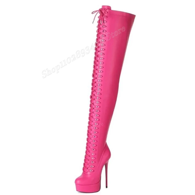 Rose Red Platform Thigh High Boots Lace up Rose Nose Stiletto High Heel Solid Women Shoes 2023 Fashion Sexy Zapatos Para Mujere