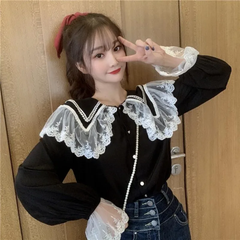 Hikigawa Chic Fashion Women Korean Loose Peter Pan Collar Lace Long Sleeve Shirts Summer Vintage Elegant Blouse Tops Mujer