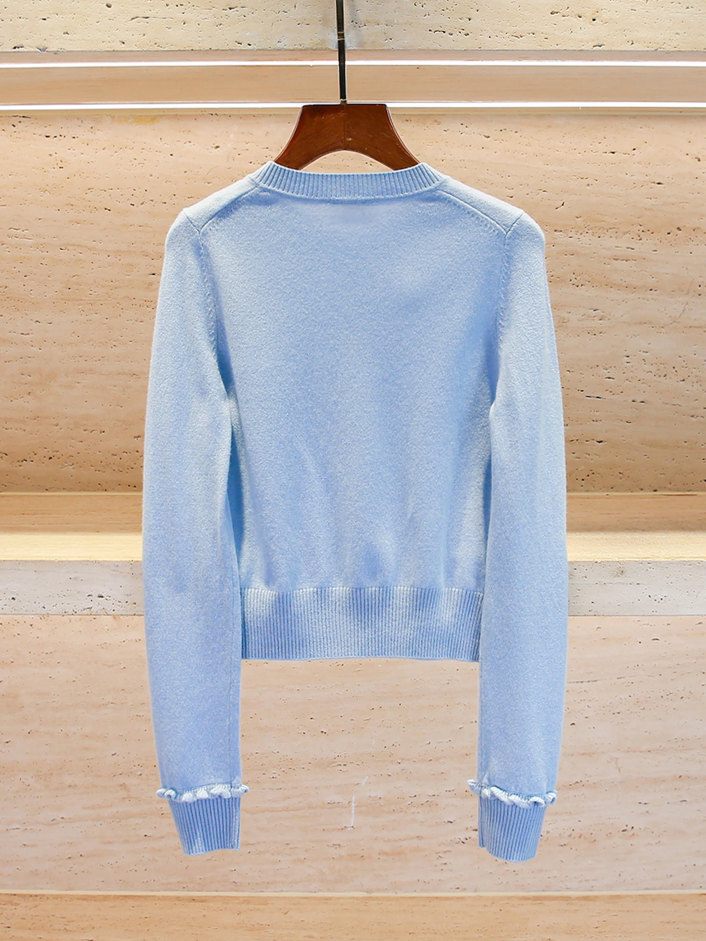 

S Home Nan You High End Women's Blue Lace Trim Knitted Cardigan Top Gentle Sle Commute Faion Regular Fit ort Sve