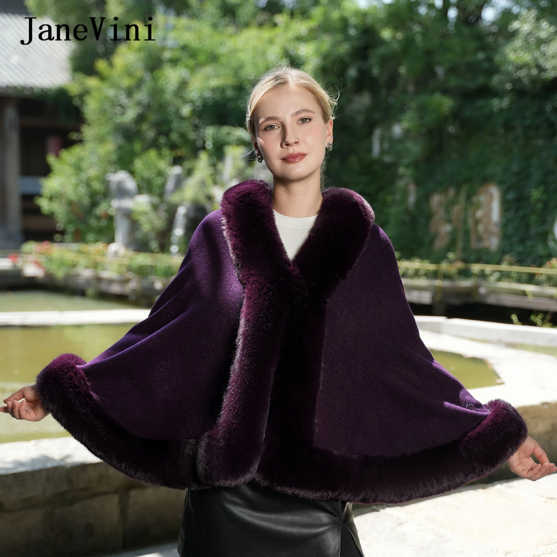 janevini-エレガントなパープルフェイクファーコートブライダルボレロショルダーカバー女性フォーマルウェディングケープ冬グレークロークスラッグスラップ