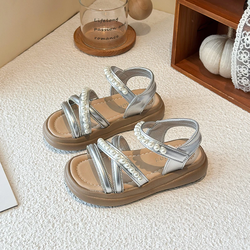 Kids Rhinestone Beach Sandals Summer Causal Beading Princess Sandals for Girls School Non-slip Platform Children Roman Sandals