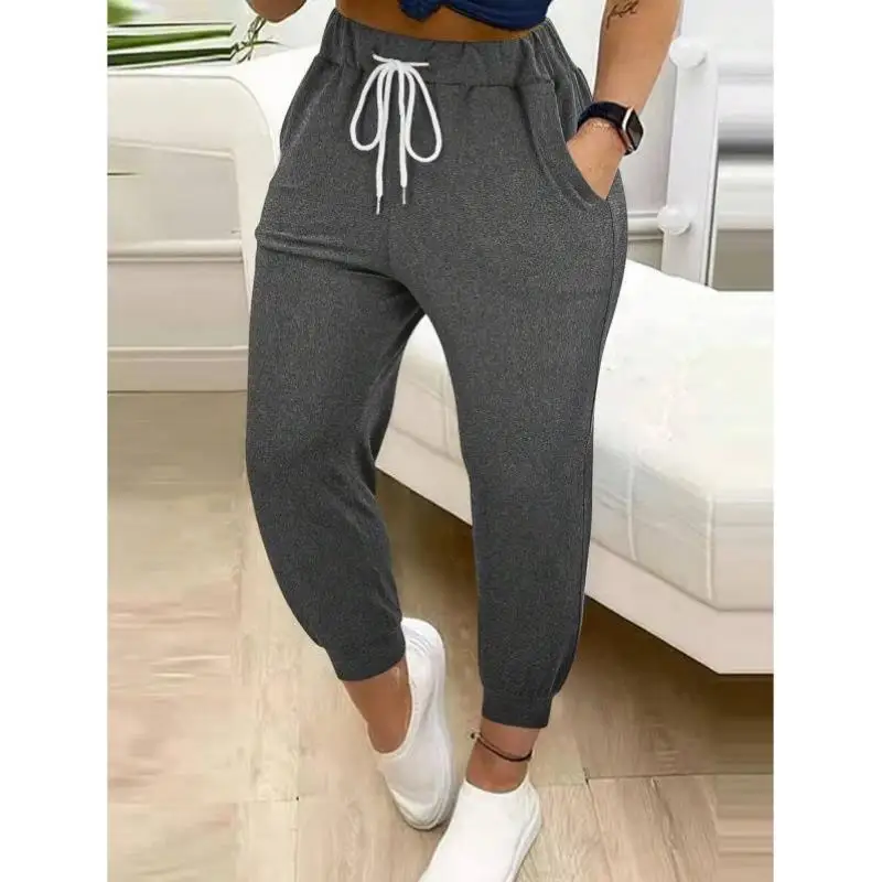 

Pure Color Casual Dstring Sports Pants for Women New Cross-Border Sle Elastic Waist Nine-Piece Length Ci Walk Suitable