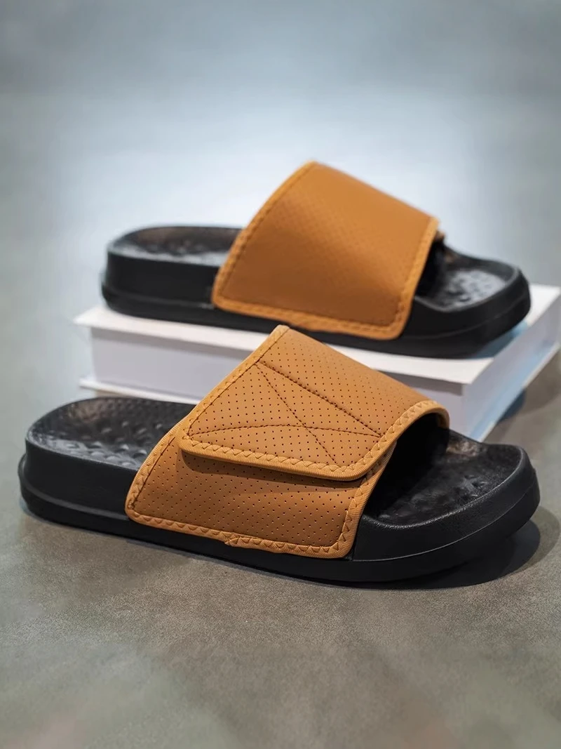 Men's Summer Slippers Home Bath Anti-slip Thick Bottom Magic Tape Large Size  One-Strap Slippers Youth Trend Simple Design