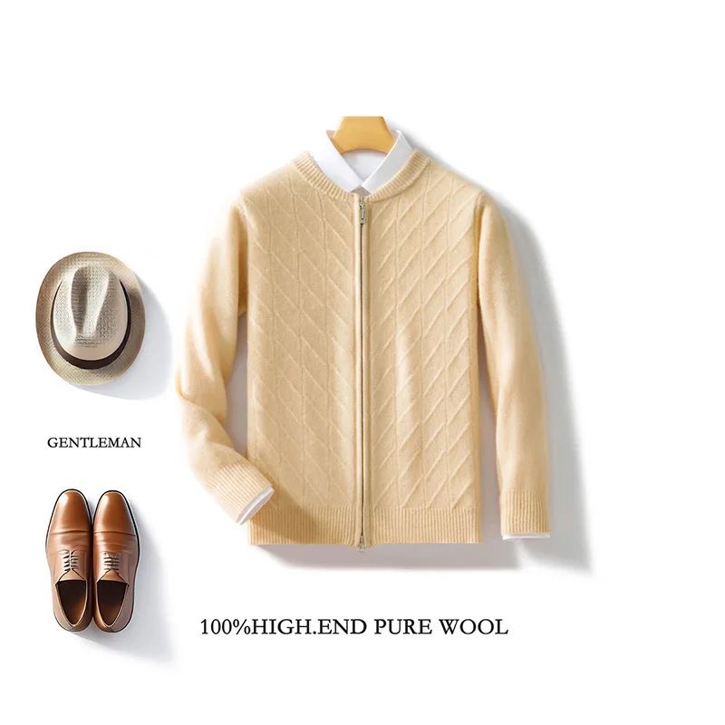 Moda uomo 100% lana merino tinta unita cardigan con cerniera cashmere maniche lunghe moda morbido e confortevole abbigliamento caldo Top