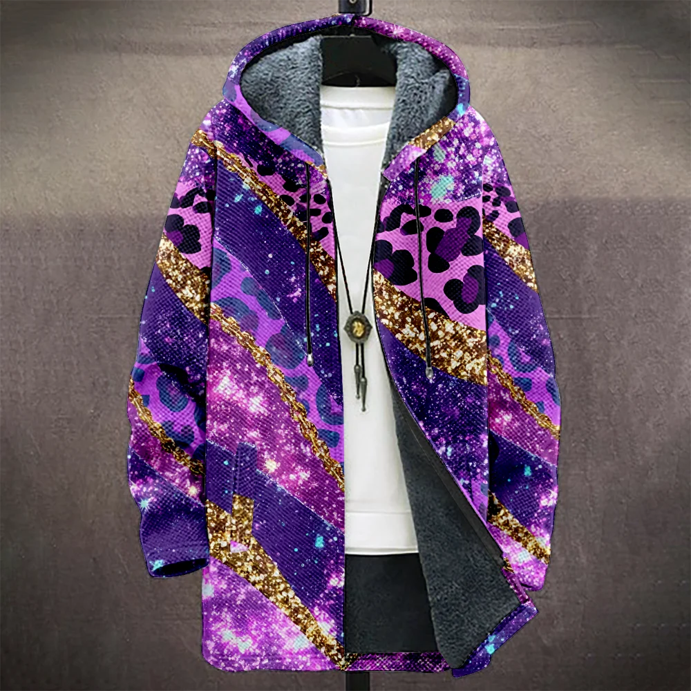 Vibrant Gradient Leopard Print Hooded Coat Plush Lining Unisex Streetwear Fashion Gold Stripes Starry Patterns Trendy Outerwear