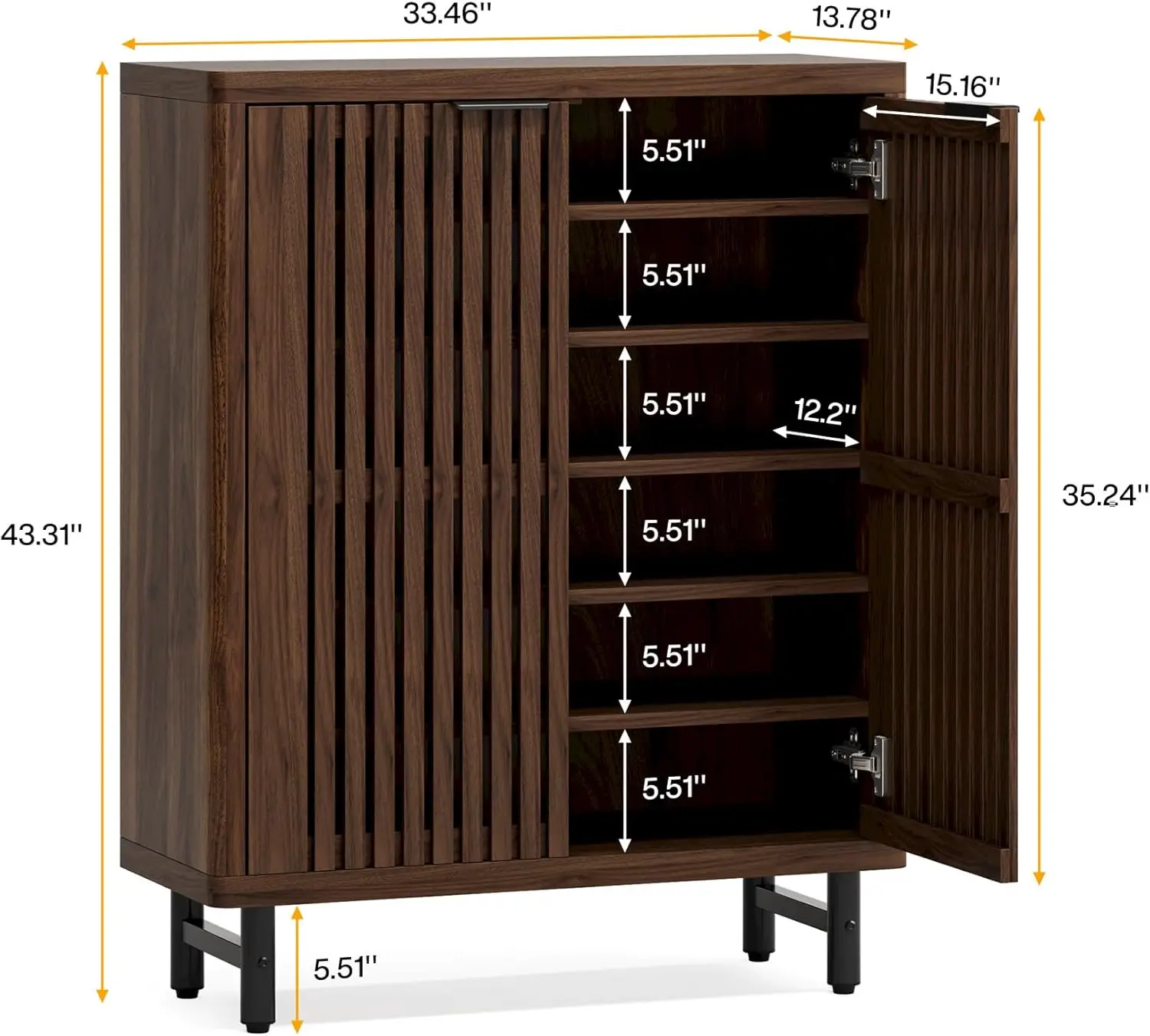 6-layer shoe cabinet with louvered doors, large wooden shoe cabinet with adjustable shelves, modern freestanding shoe cabinet