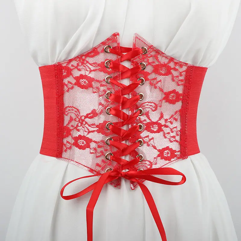 Women Wide Lace Corset Waist Belt Flower Embroidery Nylon Waistband Strap Stretchy Decorative Slimming Body Belts